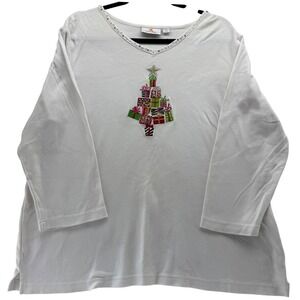 Quacker Factory Women's XL‎ White Christmas Tree Rhinestone Embellished Top